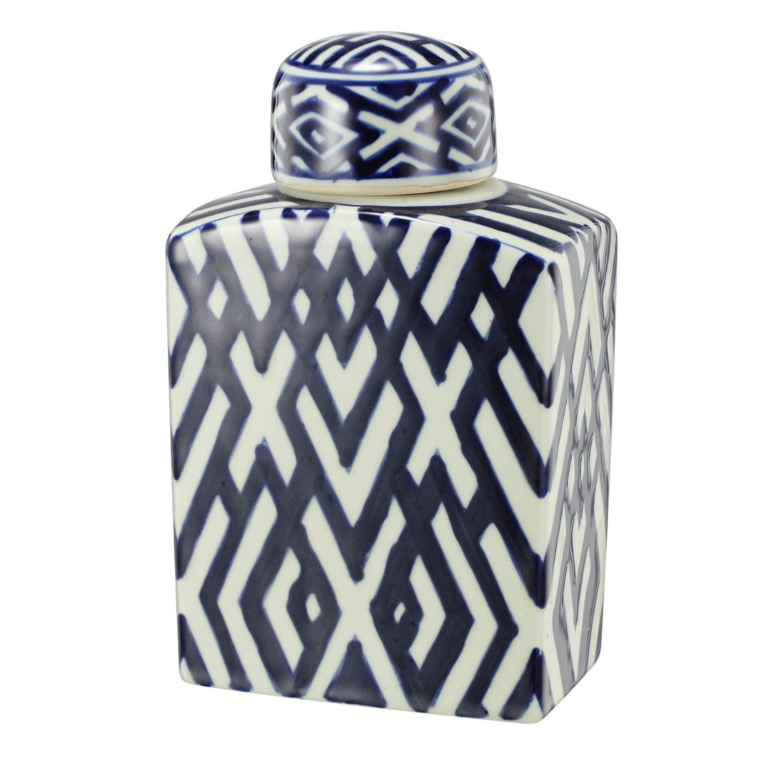 Blue and White Ceramic 5-inch X 3.5-inch 9-inch Lidded Jar Modern Contemporary