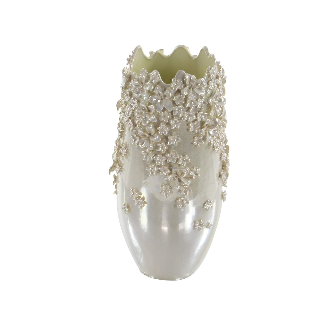 White Ceramic 19-inch High X 10-inch Wide 3D Applique Vase