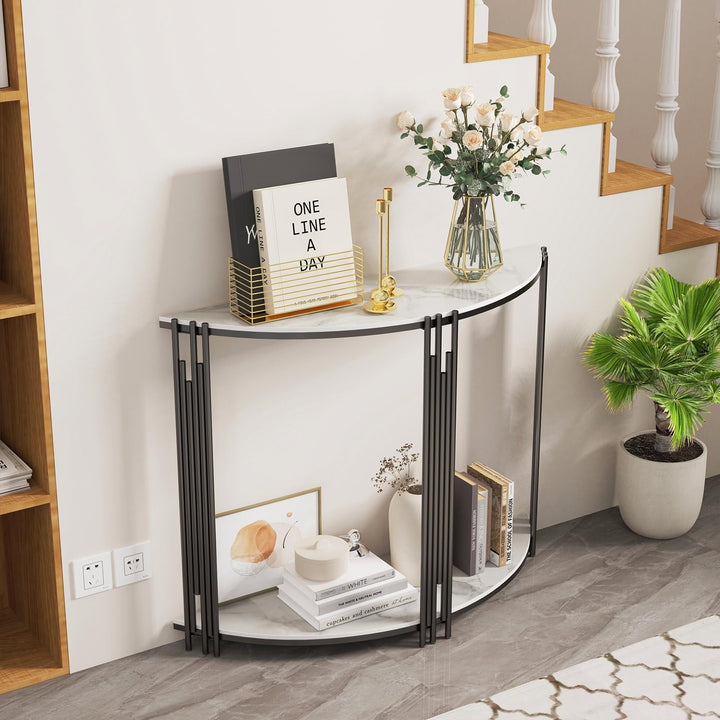 Modern Half Moon Console Table Hallway Side 2-Tier White Classic Semi-Circle