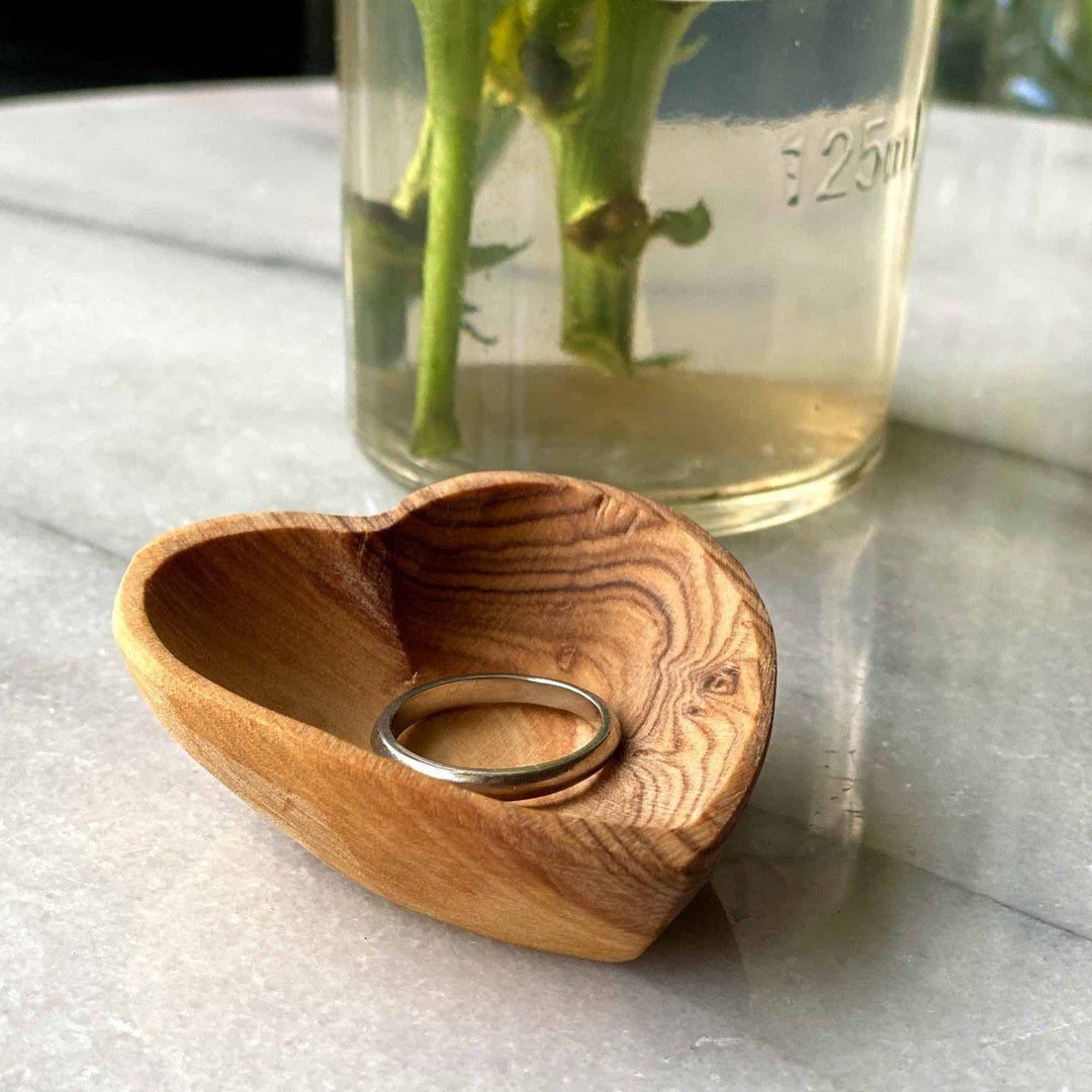 Olive Wood Heart Trinket Bowls Set Of 2 Brown Piece Handmade