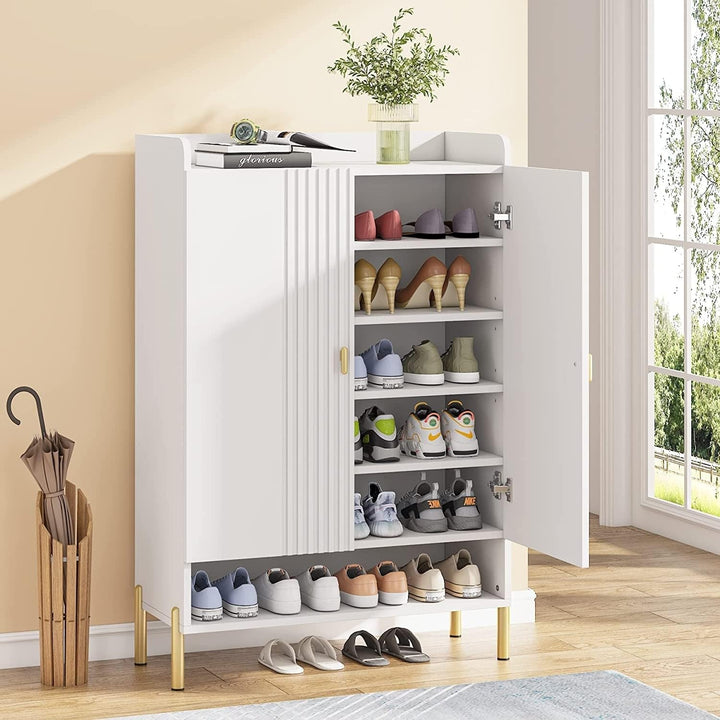 Shoe Cabinet Storage Entryway: Slim 6-Tier Organizer White Metal Wood Finish