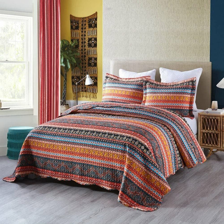 3pc Quilt Bedspread Sets Bedding Coverlet Bedroom Floral King Orange Plaid