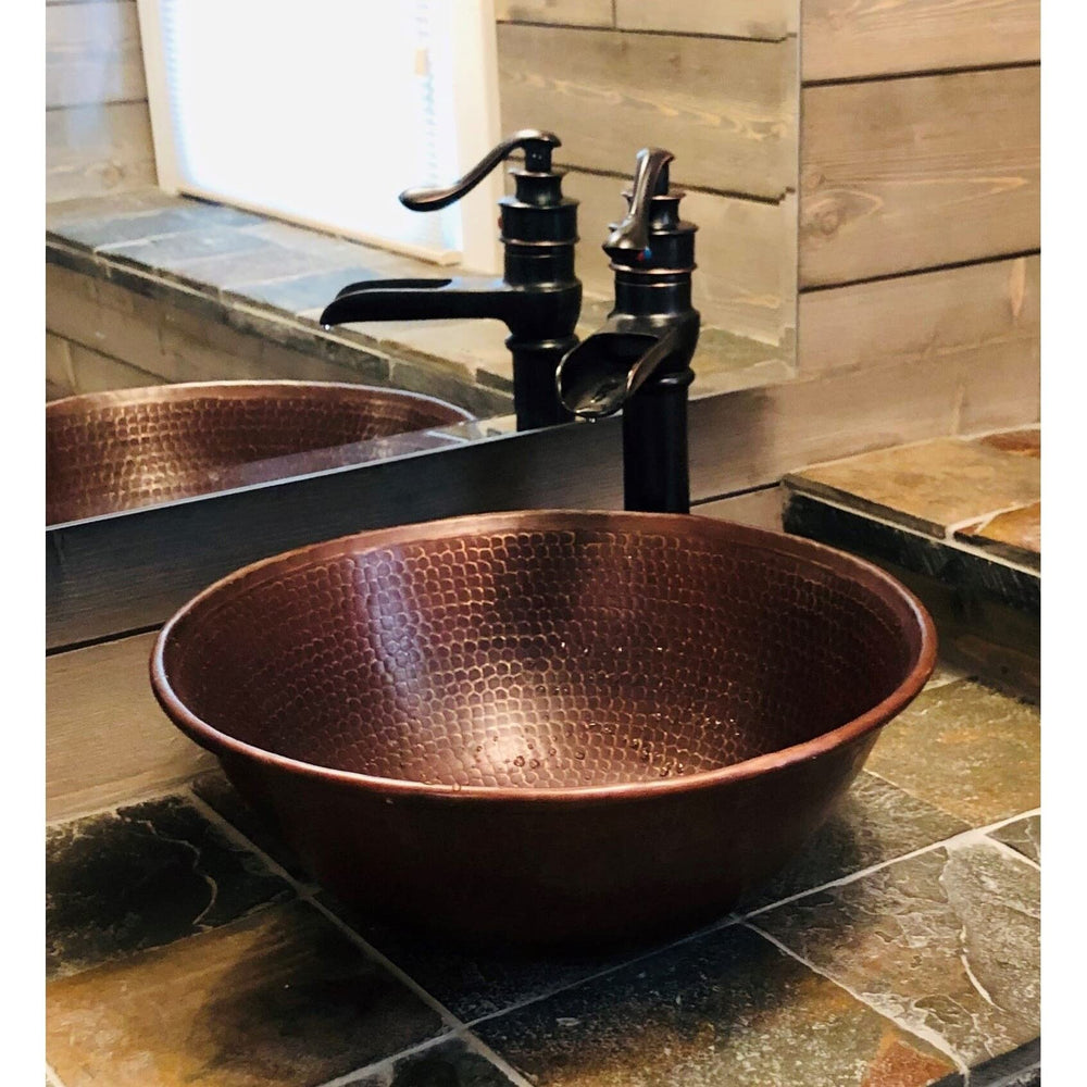 14" Round Copper Vessel Bathroom Sink In Brushed X 5.5" Brown Bronze Finish - Diamond Home USA