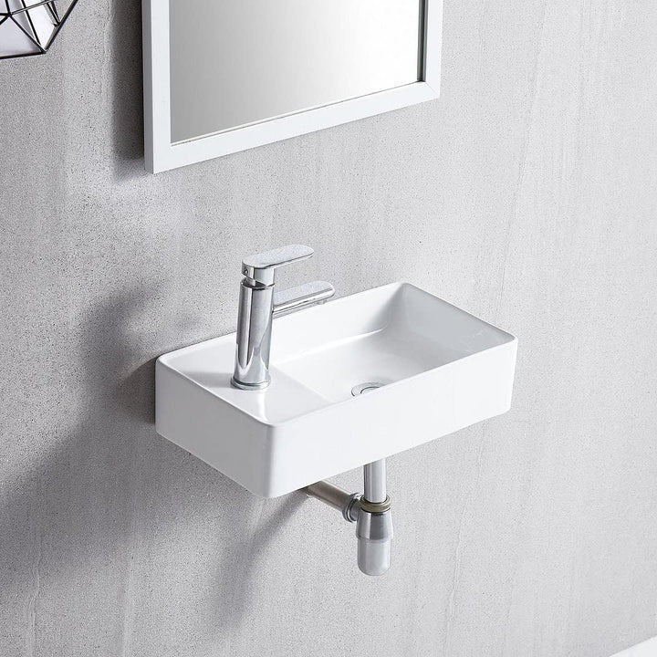 Small Wall-Mounted Bathroom Sink with Pop-up Drain 17.9" X 9.8" 4.3" White