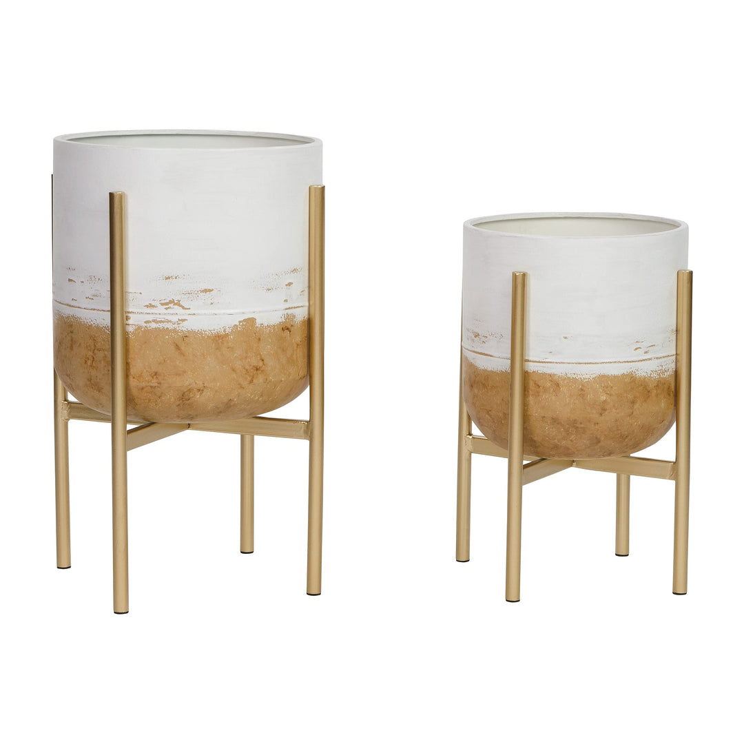 Modern Planters (Set of 2) Gold White Mid-Century Round Metal