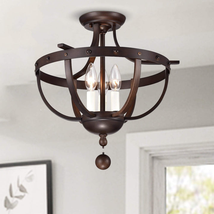 Brushed Dark Bronze 3-Light Semi-Flush Ceiling Lamp Brown Industrial Traditional