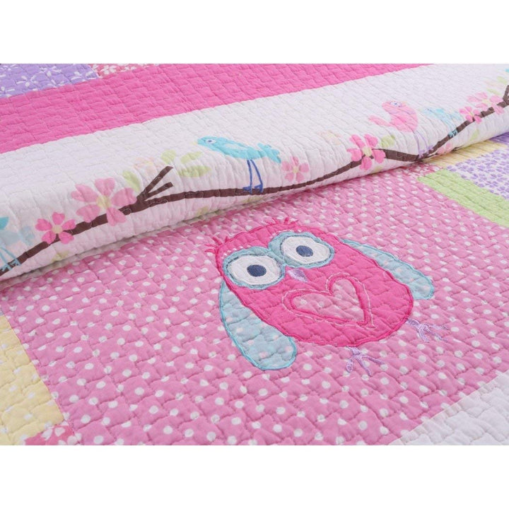 2 PC Twin Quilt & Sham Set Owl Birds Pink Turquoise Green Cotton Girl Bedding - Diamond Home USA