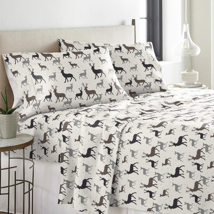 N 4 Piece Deep Pocket Beige Brown Grey White Cal King Sheet Set Animal Pattern Autumn Deer - Animal Print/Striped - 4 Piece - California King