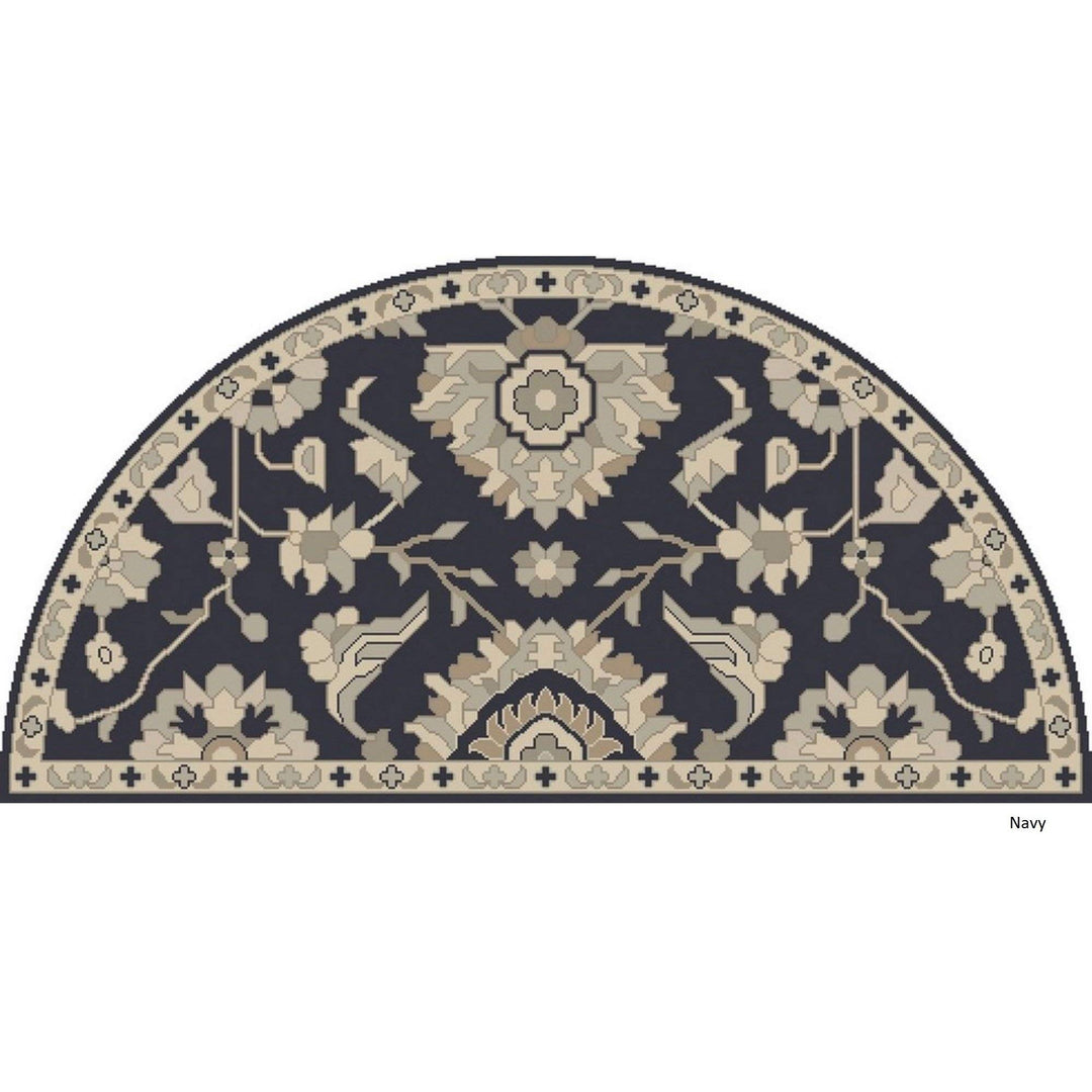 Paisley Border Hearth Rug Semi Circle Navy Blue Fireplace Rug Floral Pattern 2' x 4' Hearth - Navy