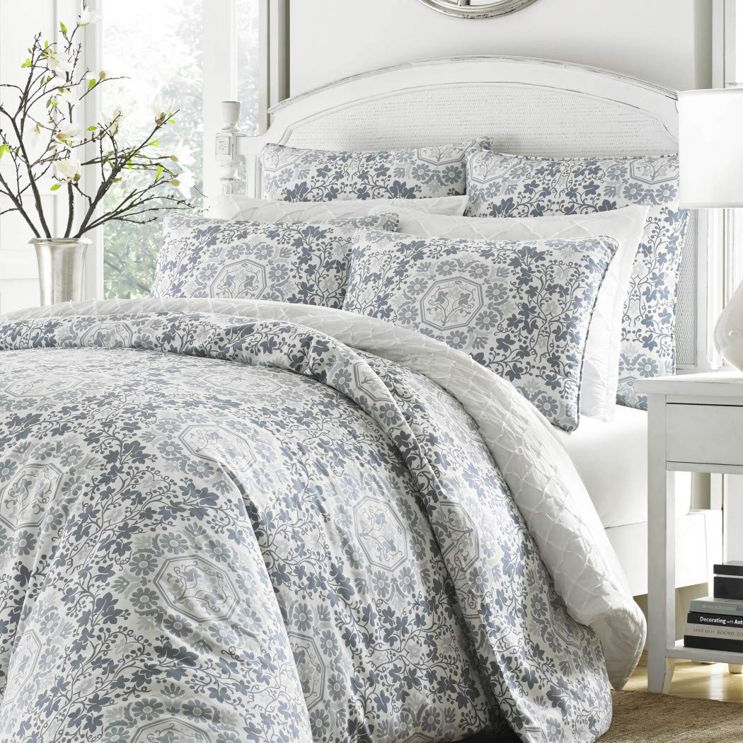 3 Piece Blue Grey Floral King Size Duvet Cover Set Beautiful Geometrical