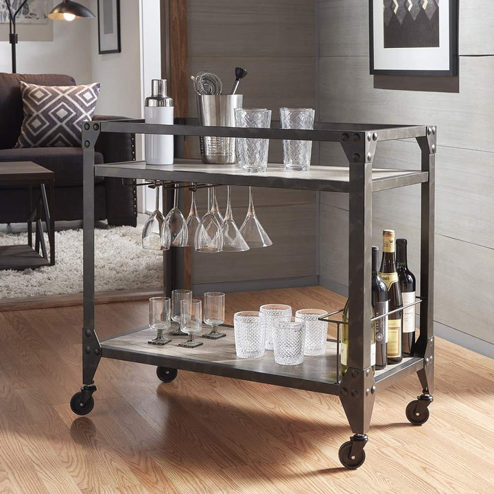 Metropolitan Charcoal Grey Industrial Metal Mobile Bar Cart with Wood Shelves