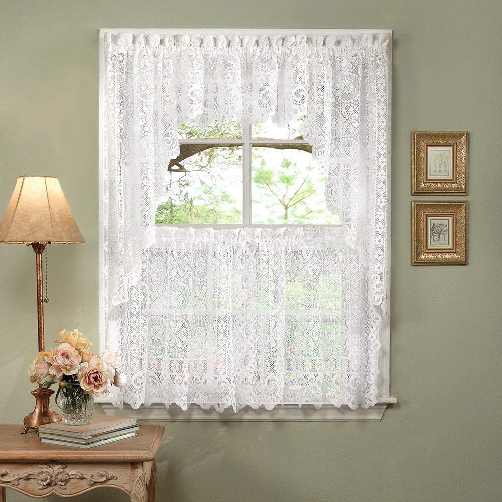 1 Piece White Priscilla Curtain Sheer Kitchen Swag Single Panel Boho Lace Window swag, white