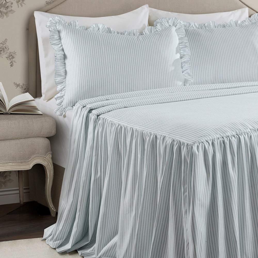 3 Piece Beautiful Ruffle Skirt Sky Blue Bedspread Set King Stylish Pinstripes - Diamond Home USA