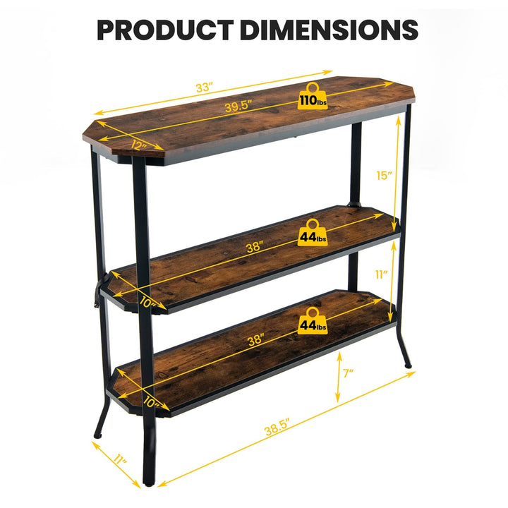 Hallway Table 3 Tier Narrow Couch Side with Storage Shelf Brown Industrial Steel