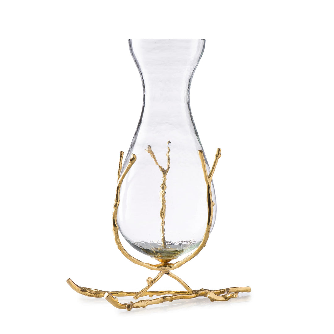 11" l Glass Vase with Gold Twig Base X 8" w 14" h