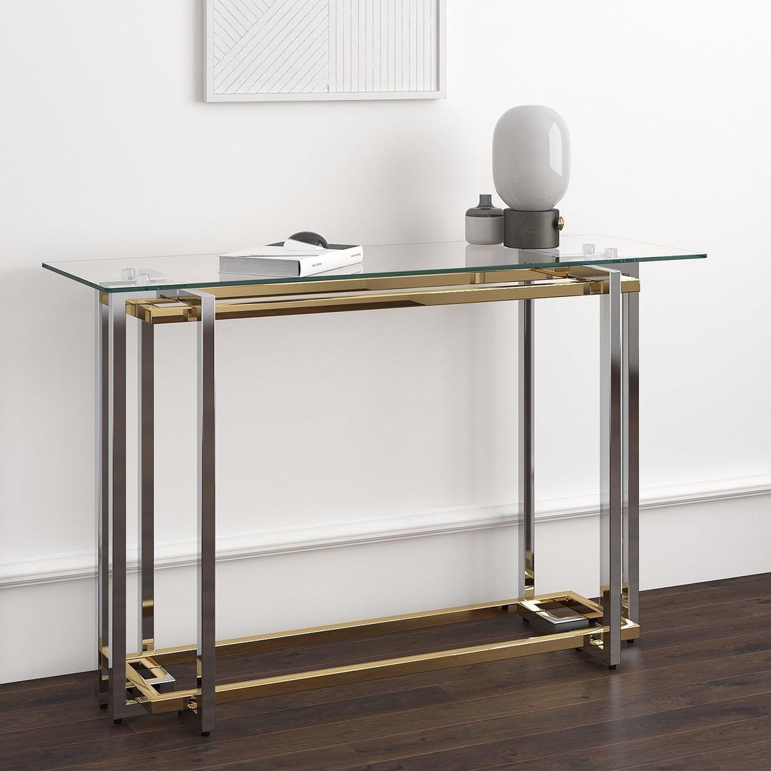 Nspire Contemporary Glass & Metal Console Table in Silver & Gold