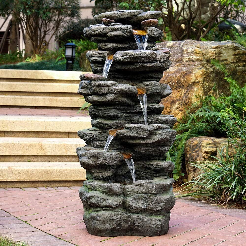 40-inch Tired Outdoor Rock Water Fountain Cascading Waterfall W/Light Grey - Diamond Home USA