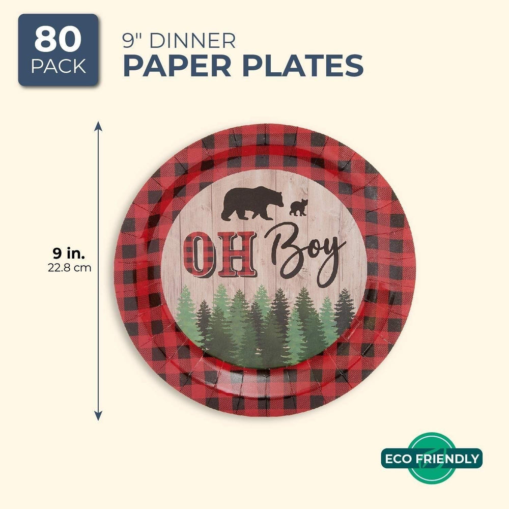 80-Pack Oh Boy Lumberjack Plaid Disposable Paper Plates 9" for Baby Shower Party - Diamond Home USA