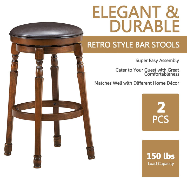 Set of 2 Backless Bar Stools Counter Height Stool with Swivel Seat Brown Vintage