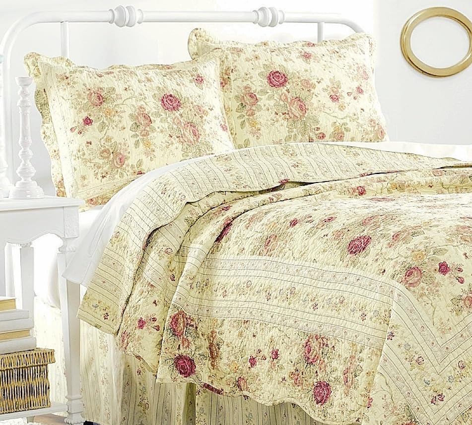 Finely Stitched Chic Shabby Romantic Rose Bedding Cotton Quilt Set King Size - Ecru (3-Piece Set) - King - Cal King