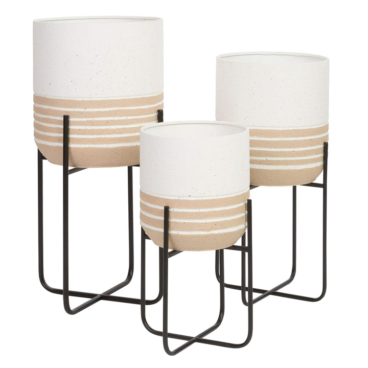 Modern Planters (Set of 3) Gold White Mid-Century Round Metal