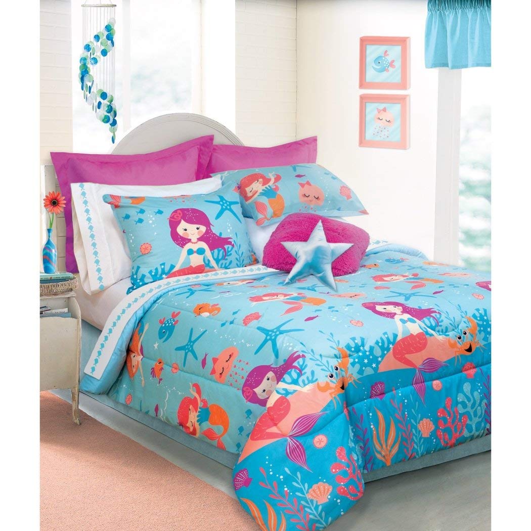 D.I.D. 3 Piece Girls Blue Orange Pink Mermaid Themed Comforter Full Queen Set Full - Queen - 3 Piece