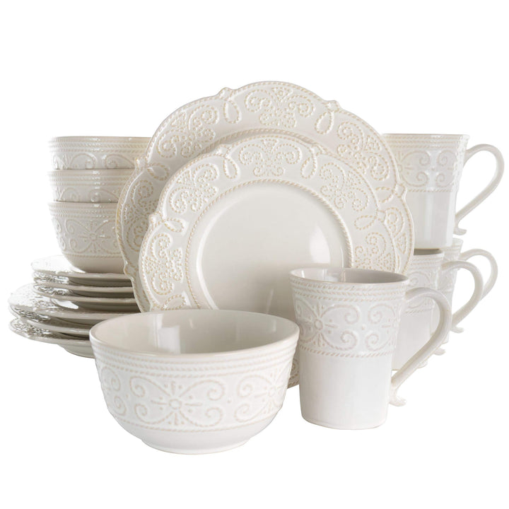 16 Piece Embossed Scalloped Stoneware Dinnerware Set in White Textured Casual