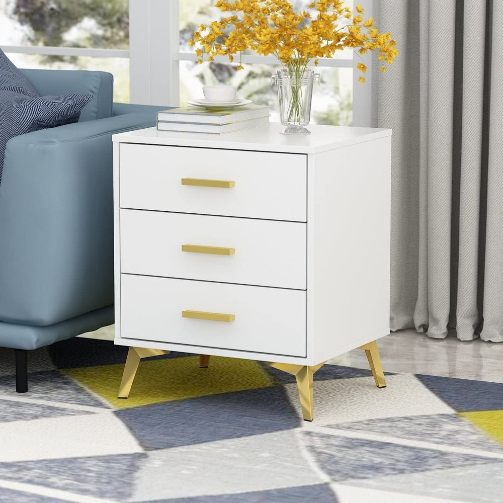 23.6'' Tall 3 Drawer Nightstand End Table Beside White and Gold Glam Urban MDF - Diamond Home USA