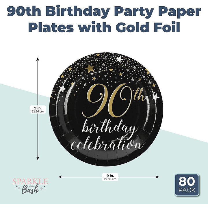 90th Birthday Party Decorations 9 Inch Paper Plates (80-pack) Black Holiday - Diamond Home USA