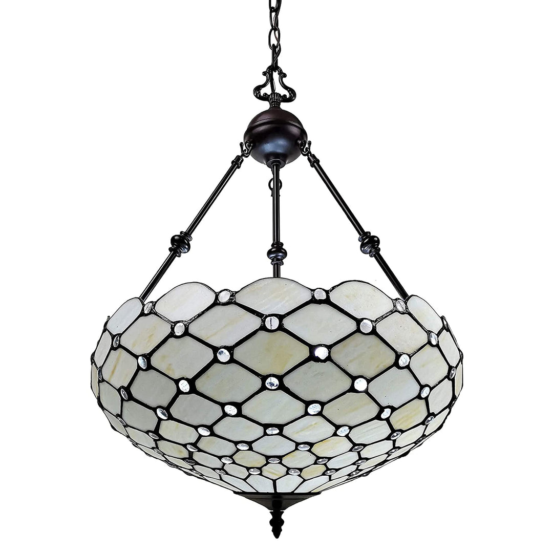 Amora Vintage Tiffany Style Ceiling Lamp - 18” x 9” White Jeweled Stained