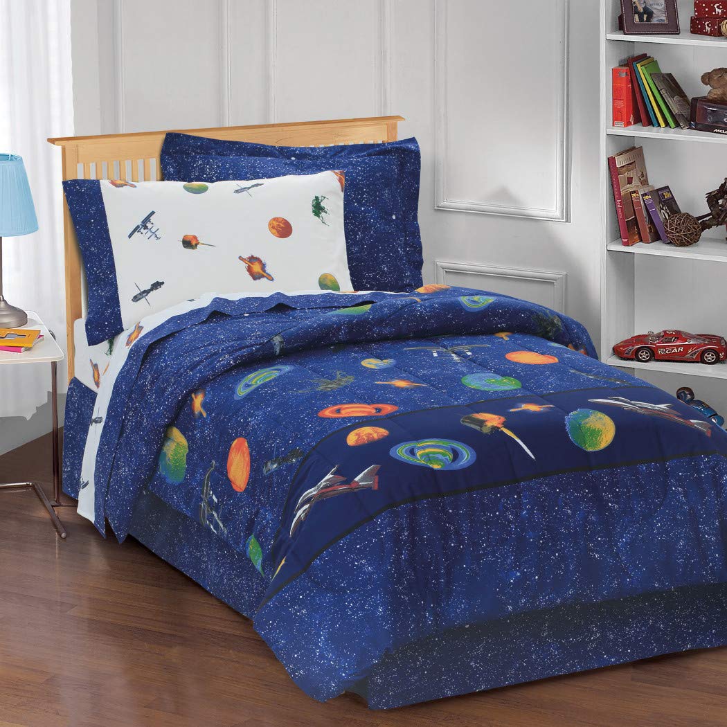 8 Piece Navy Blue Outer Space Themed Comforter Set Full With Sheets Blue - Diamond Home USA