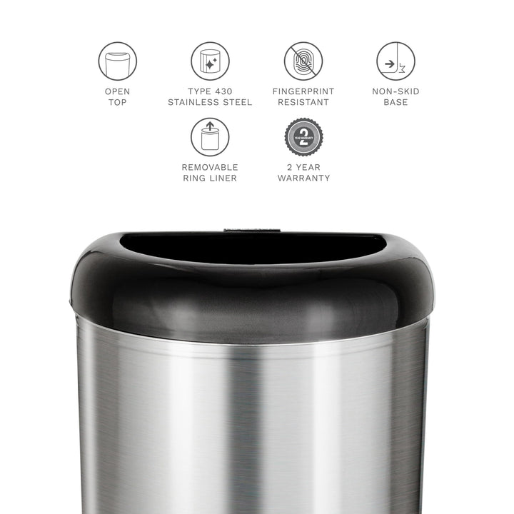 Open Top inless Steel Trash Can with Black Trim Black Semi-Circle Plastic