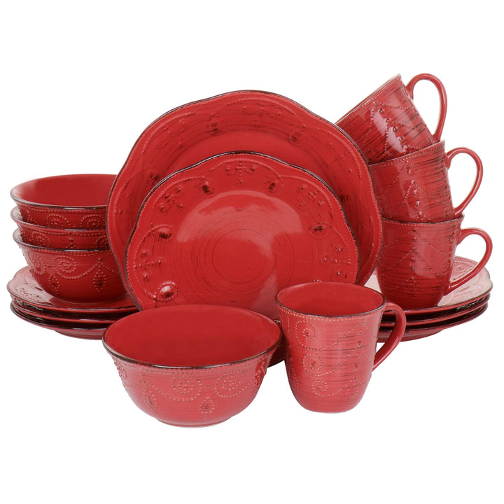 Rustic Birch 16 Piece Stoneware Dinnerware Set in Red Solid Casual Round