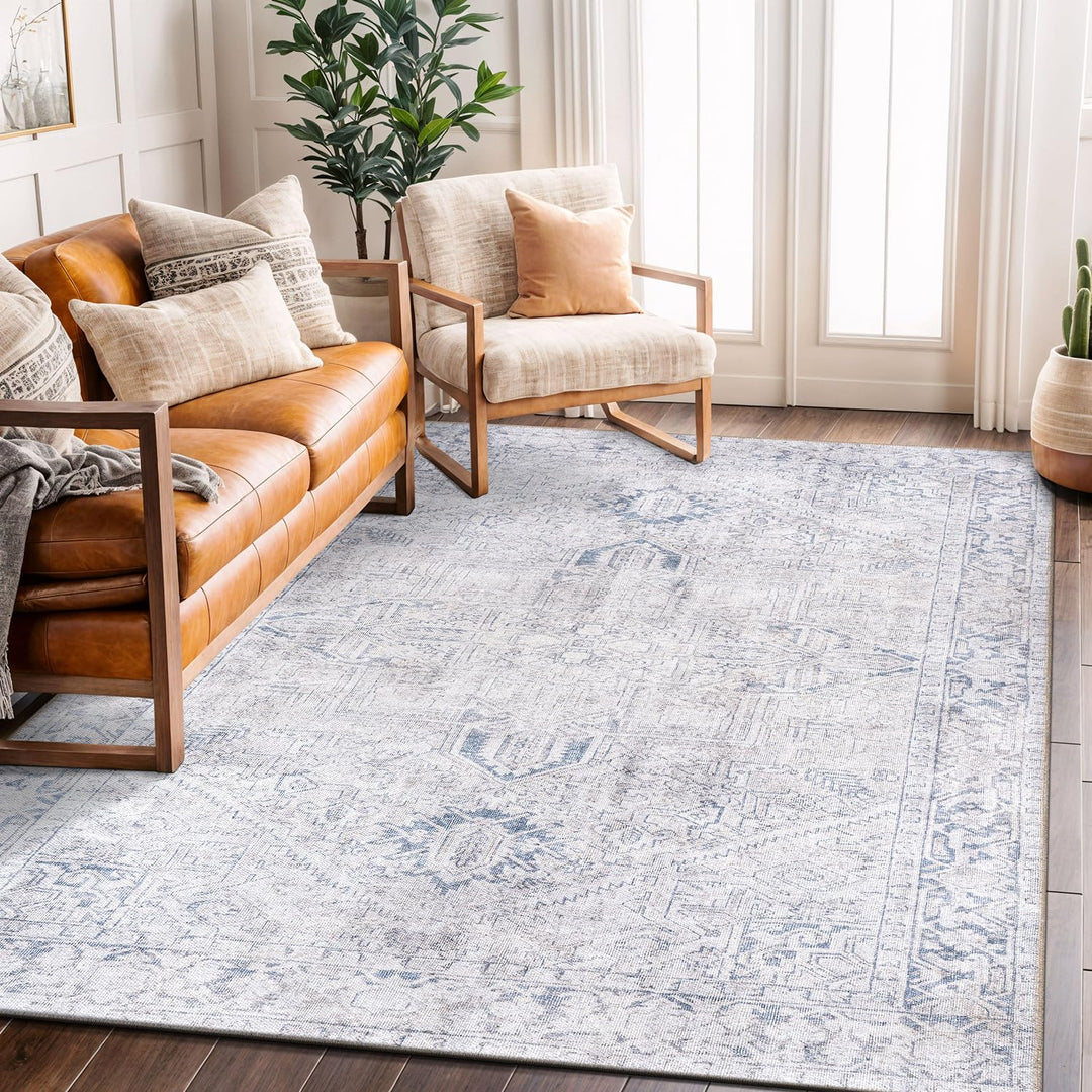 Rugshop Vintage Boho Medallion Machine Washable Non Slip Area Rug Ideal for 5'x7' - Blue