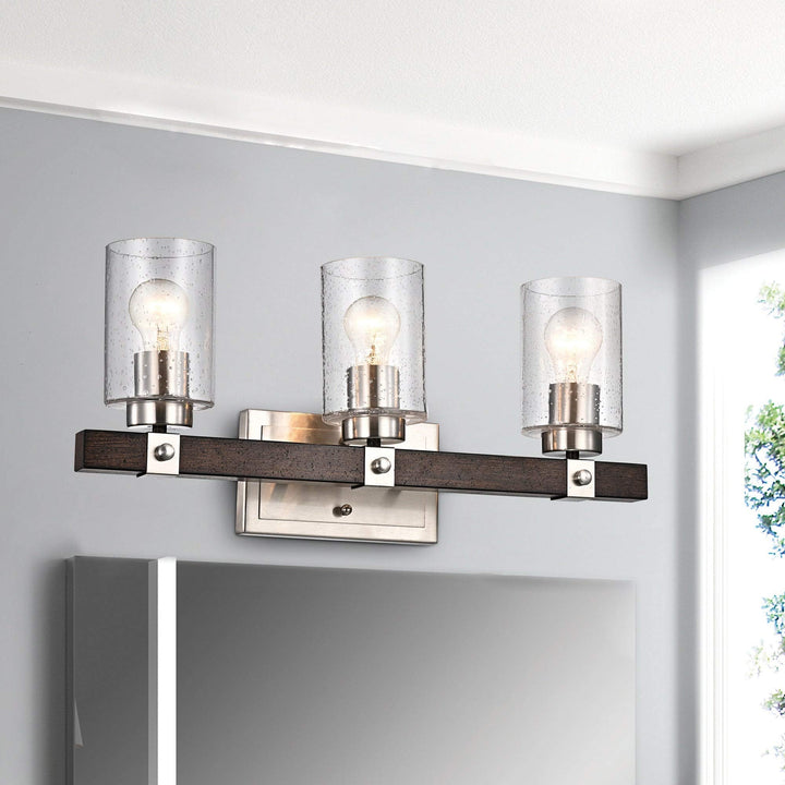 Brushed Nickel and Wood 3-Light Vanity with Glass Sconces Farmhouse Metal