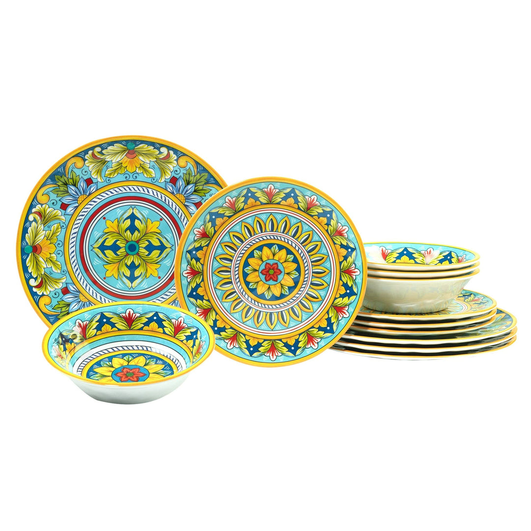 12 Piece Dinnerware Set Service For 4 Multi Color Floral Casual Round Dishwasher