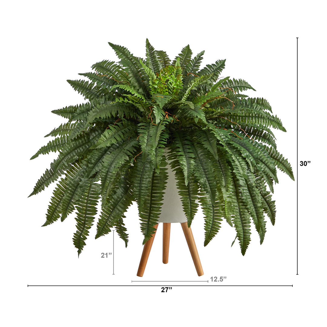 Nearly Natural 2.5ft. Boston Fern Artificial Plant in White Planter with Legs