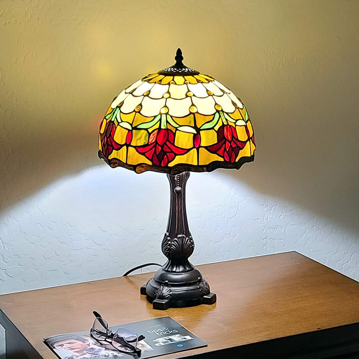 Tiffany Style Table Lamp Banker 19" Tall Stained Glass Red Yellow White Floral