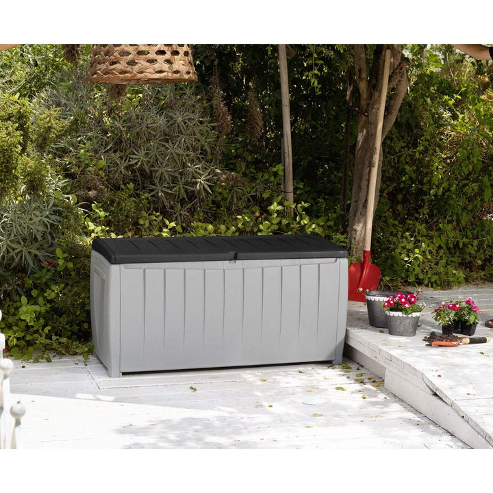 Novel 90 Gallon Black And Grey Plastic Deck Storage Box Lockable Water Resistant