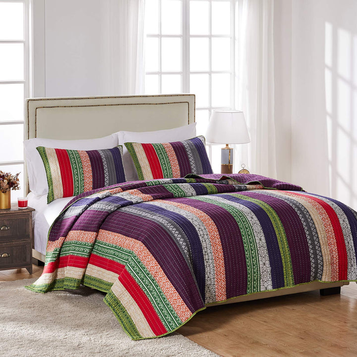 2 Piece French Country Woven Striped Theme Quilt Set Beautiful