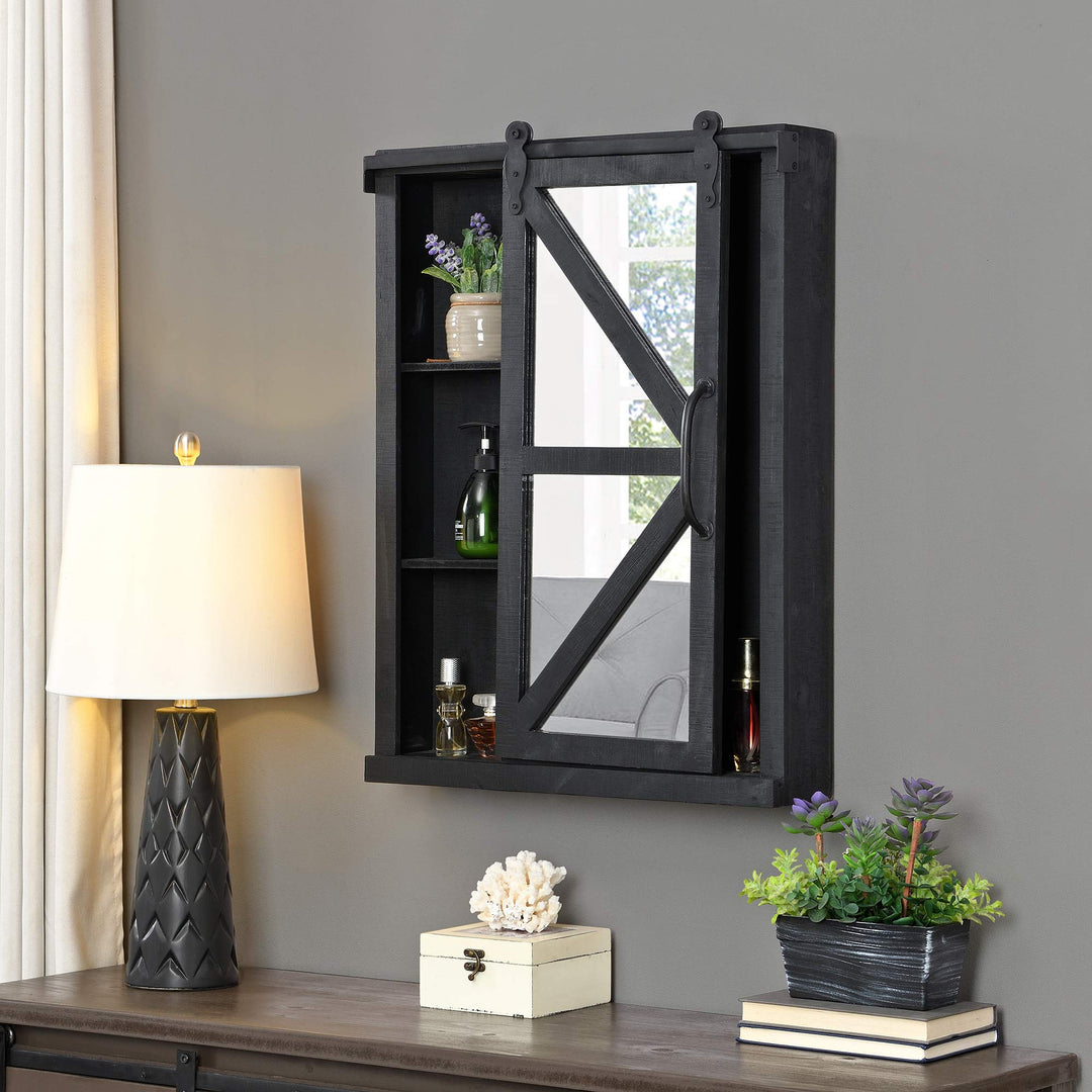 FirsTime & Co. Black Winona Barn Door Mirrored Cabinet Storage with Shelves