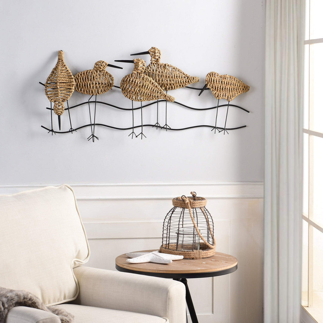 Flock Of Birds Natural Woven Seagrass Wall Art Silver Transitional Metal