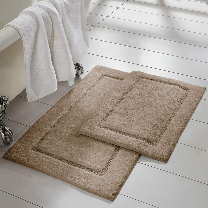 2 Piece Taupe Brown Border Stripes Bath Rug Set Simple Texture Solid Color