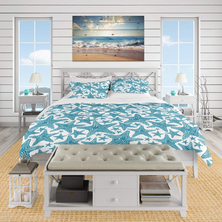 Designart Blue Pattern Starfish-Coastal Duvet Cover Bedding Set King + 2 Sham