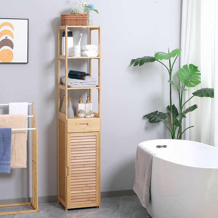 Tall Bathroom Cabinet with Drawer and Slatted Shelves Slim Bamboo Linen Tower