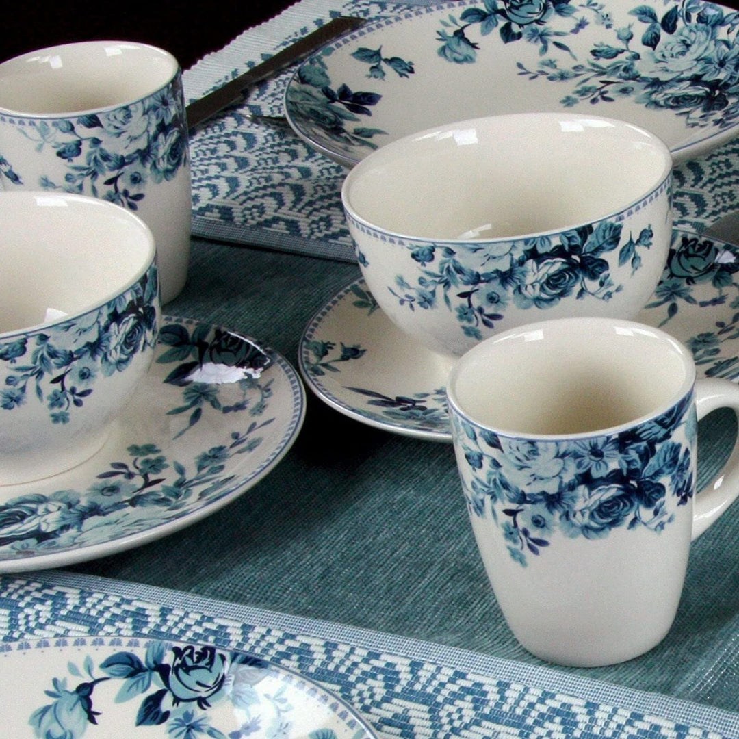 Traditional Blue Rose Stoneware Dinnerware Set (Case Of 16) Floral Casual 16