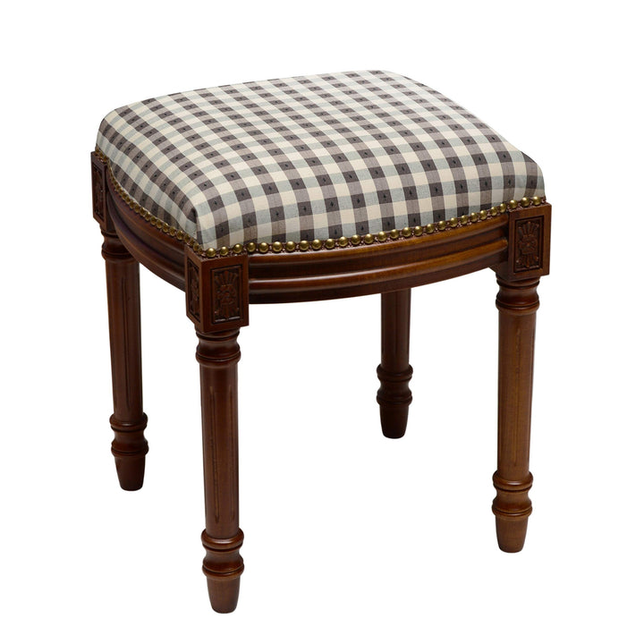 Black Gingham Vanity Stool Plaid Rubberwood Chestnut Finish