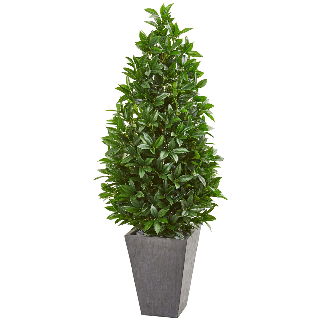 Nearly Natural 57-in. Bay Leaf Cone Topiary Slate Planter UV Resistant