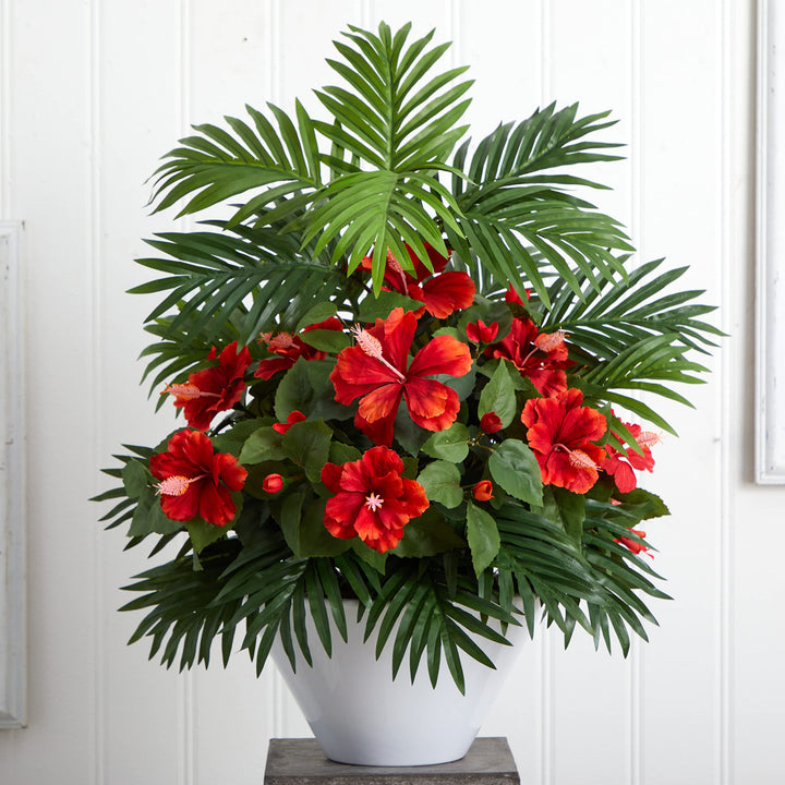 Nearly Natural Hibiscus and Areca Palm Artificial White Bowl Silk Plants Red