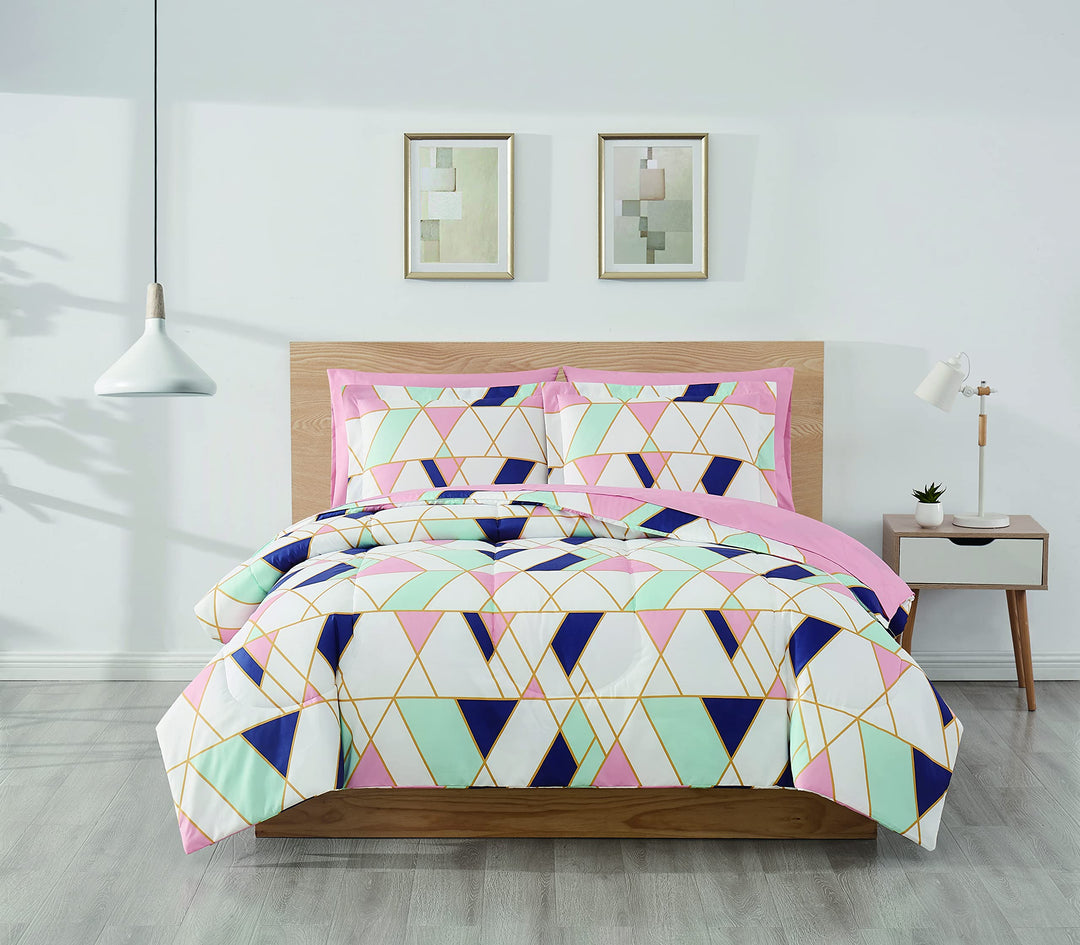 Style 212 Geo Collection 7 Piece Bed in a Bag - Queen Pink/Blue PInk/Blue - Queen